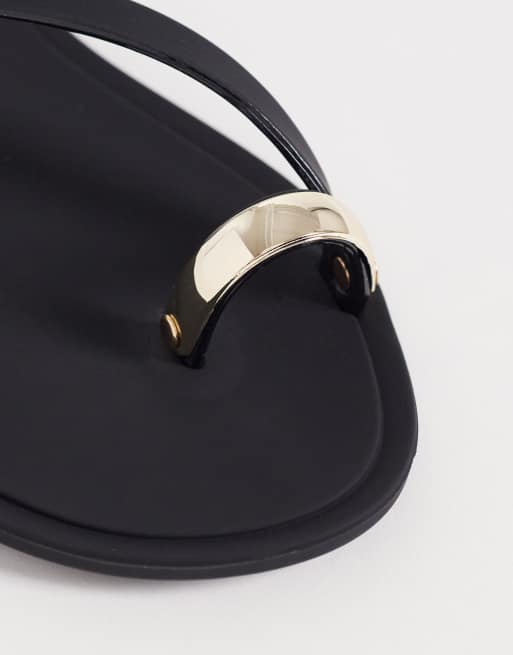 London Rebel Reese flat sandals with gold emblished straps in black, 3 of 4