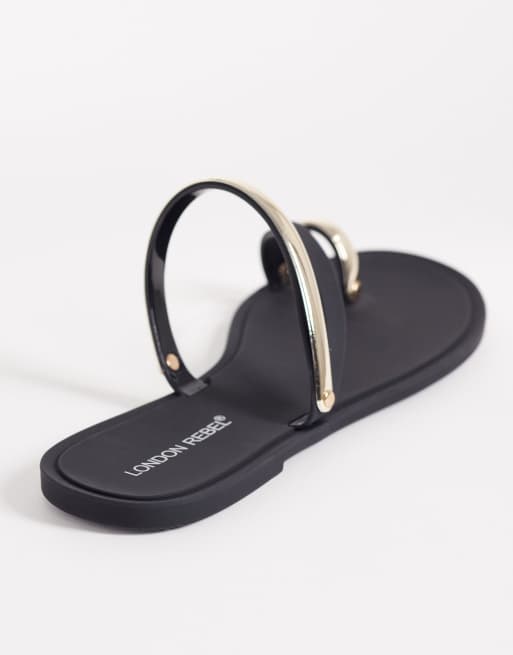 London Rebel Reese flat sandals with gold emblished straps in black, 4 of 4
