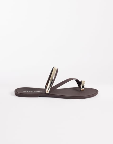 London Rebel Reese flat sandals with gold emblished straps in brown matte jelly - view 1