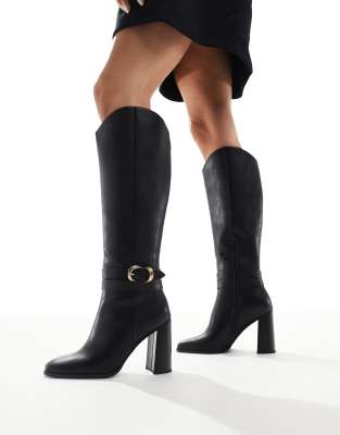 London Rebel - Riley - Kniehohe Stiefel in Schwarz mit Schnallendetail