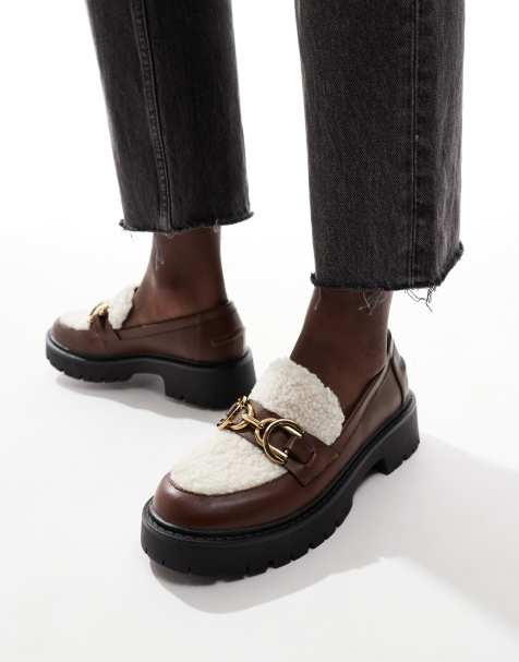 London Rebel Roxy chunky loafers with teddy fur in cream and brown - view 1