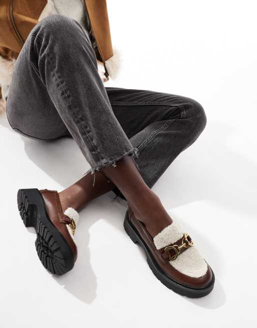 London Rebel Roxy chunky loafers with teddy fur in cream and brown, 3 of 4