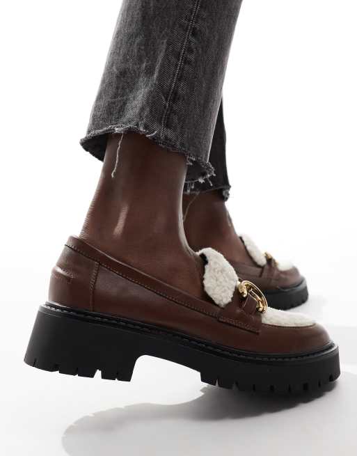 London Rebel Roxy chunky loafers with teddy fur in cream and brown, 4 of 4