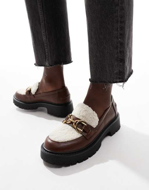 London Rebel - Roxy - Loafers met dikke zool en teddy in crème en bruin