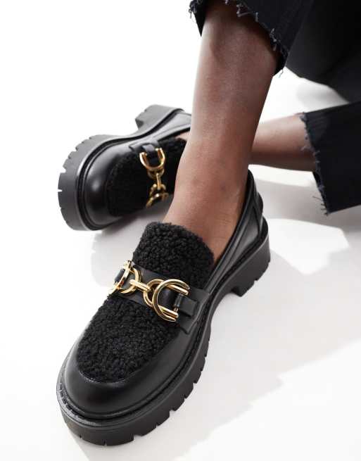 London Rebel - Roxy - Loafers met dikke zool en teddystof in zwart
