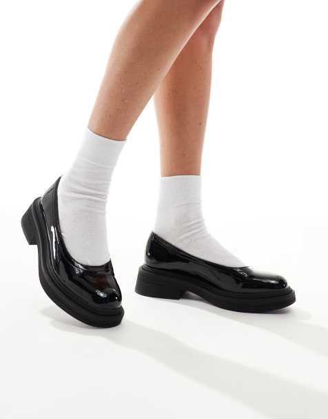 London Rebel Ruby Wide Fit strapless chunky mary jane shoes in patent black - view 1