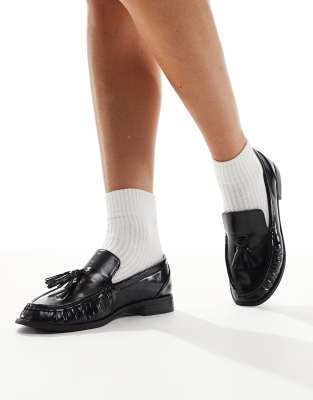 London Rebel - Sadie - Lack-Loafer in Schwarz mit Raffungen und Bommel