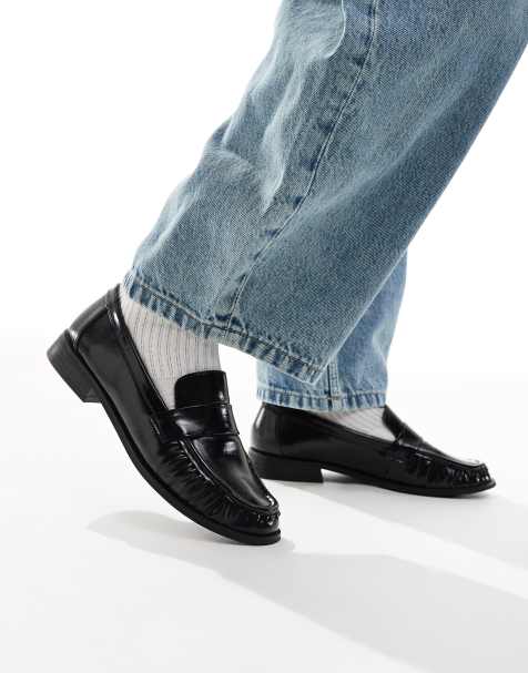 London Rebel Sadie ruched detail loafers in patent black - view 1