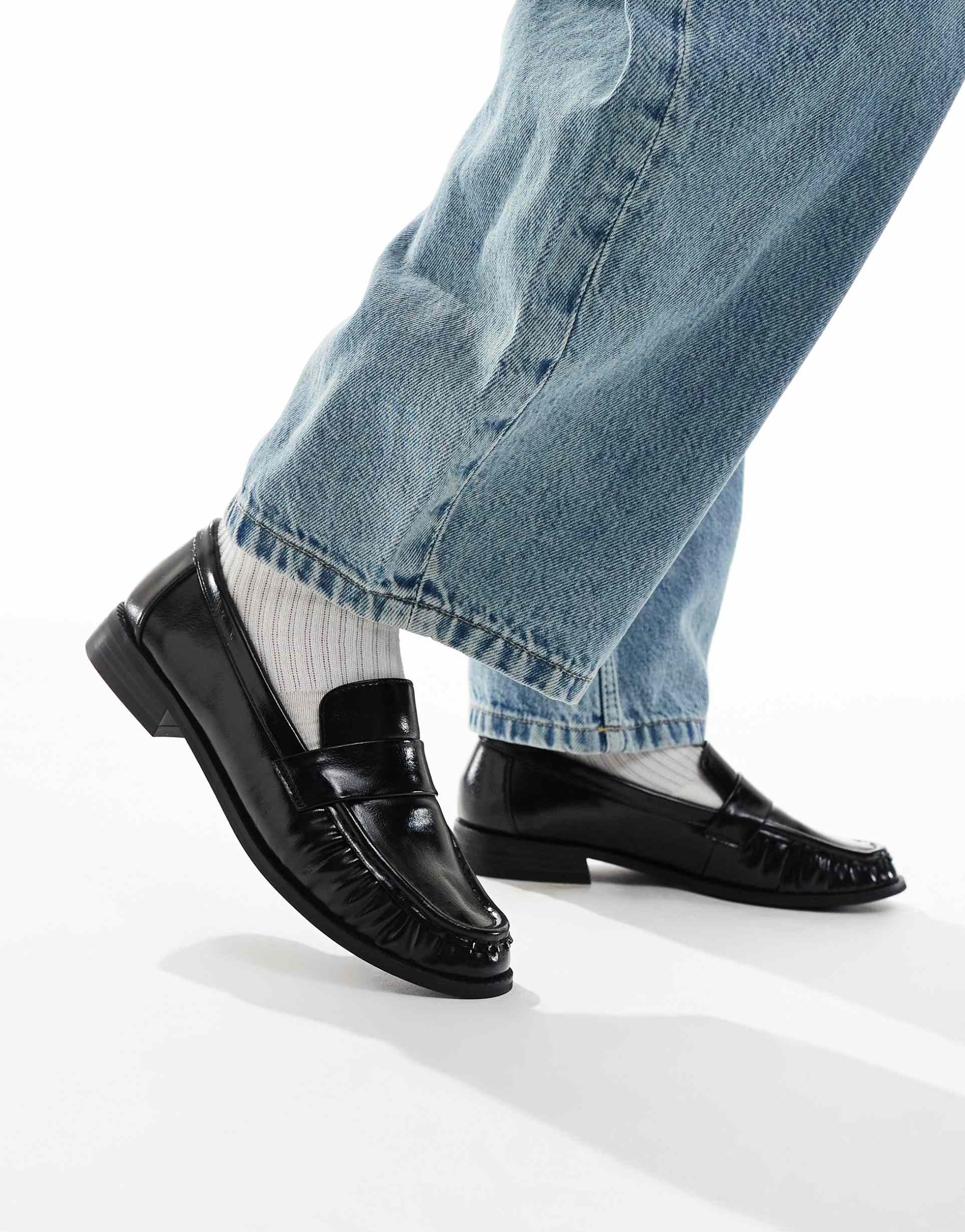 london rebel sadie ruched detail loafers in patent black