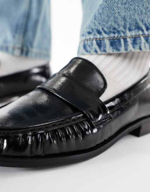 London Rebel Sadie ruched detail loafers in patent black