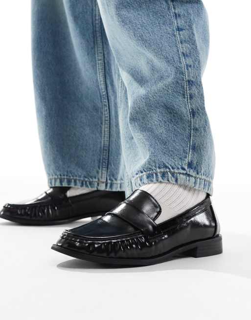 London Rebel Sadie ruched detail loafers in patent black