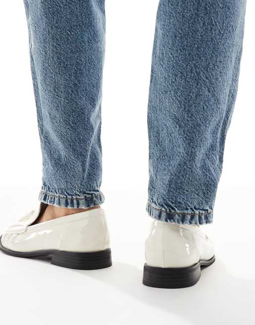 London Rebel Sadie ruched detailing tassel loafers in patent ecru