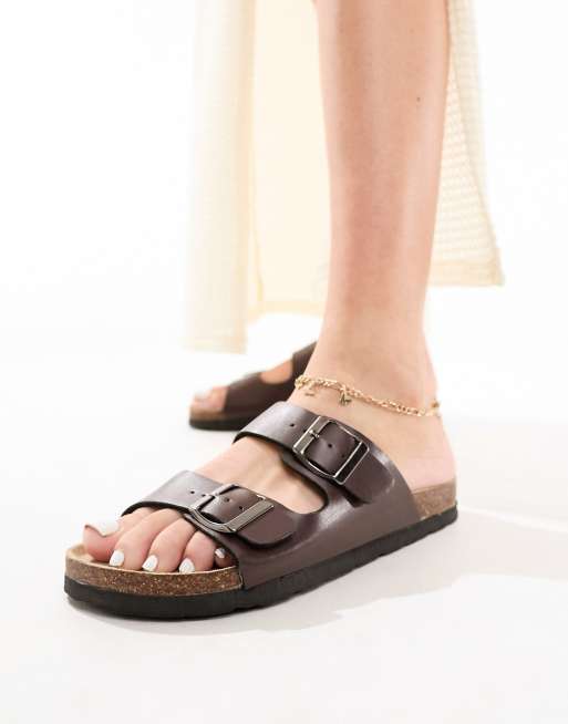 London Rebel - Sandalen met dubbele gesp en voetbed in chocoladebruin