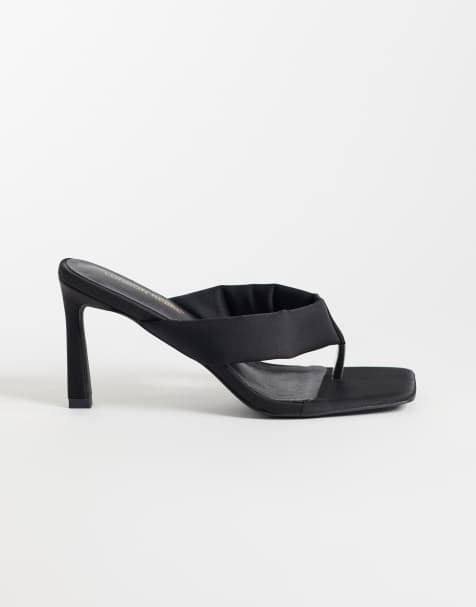 London Rebel Seren satin thong heeled sandals in black - view 1