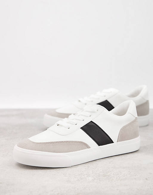 London Rebel side stripe lace up sneakers in white with black ASOS