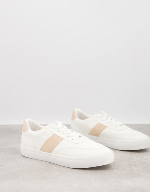 London Rebel side stripe lace up trainers in white with beige