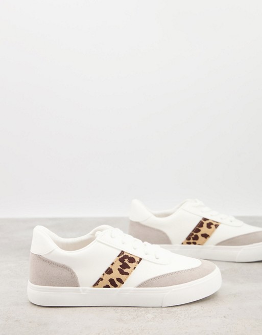 London Rebel side stripe lace up trainers in white with leopard