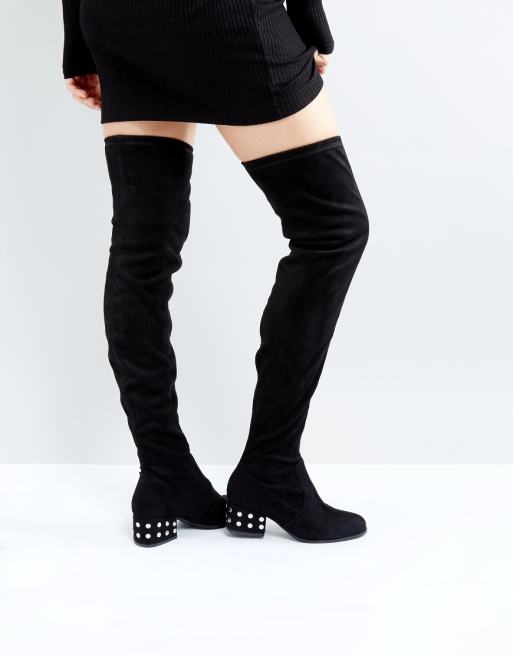 London Rebel Silver Stud Kitten heel Over Knee Boot | ASOS