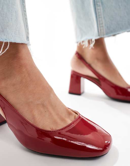 London Rebel sling back block heeled mules in patent red, 2 of 4