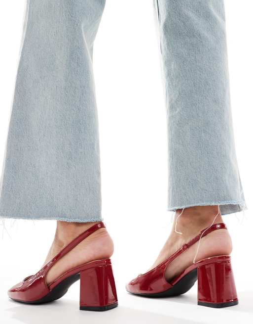 London Rebel sling back block heeled mules in patent red, 3 of 4