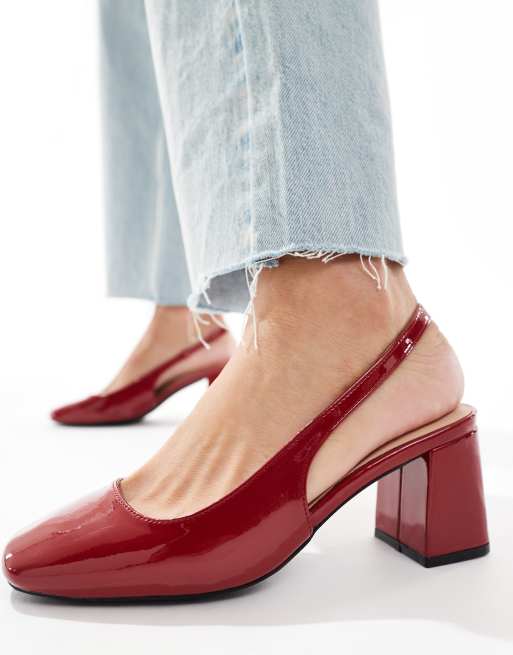 London Rebel sling back block heeled mules in patent red, 4 of 4