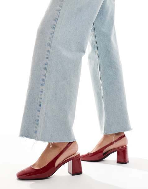 London Rebel slingback block heel mules in patent red - view 1