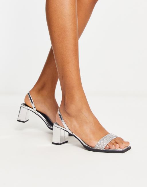 London Rebel slingback embellished block heel sandals in silver