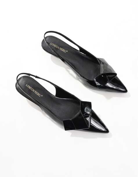 London Rebel - Slingback schoenen met kitten hak en strik in hoogglanzend zwart - view 1