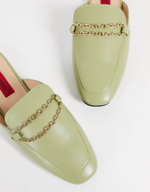 London Rebel slip on mules in green with chain, 2 of 4