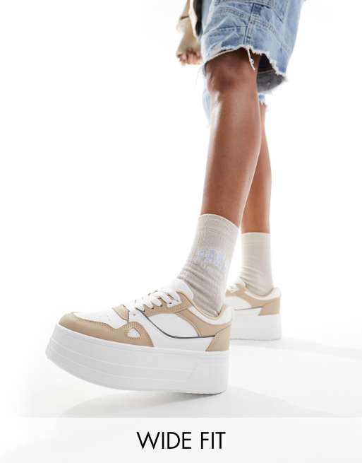 London Rebel - Sneakers flatform a pannelli bianche e beige a pianta larga