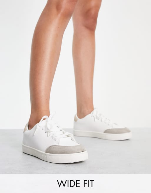 London Rebel - Sneakers minimal stringate a pianta larga bianco e beige