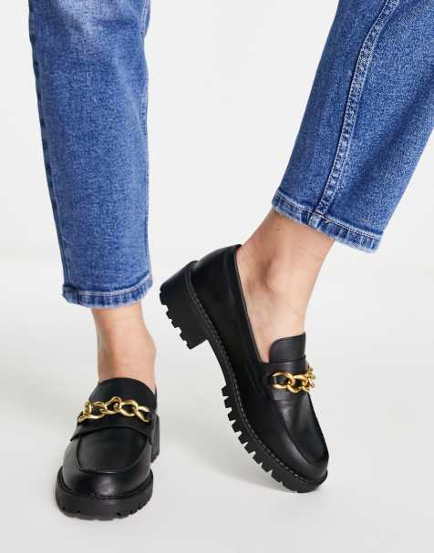 London Rebel - Sorte chunky loafers med kæde - view 1