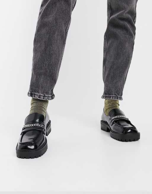 London Rebel - Sorte, firkantede, chunky loafers med kædedetaljer, 3 af 4