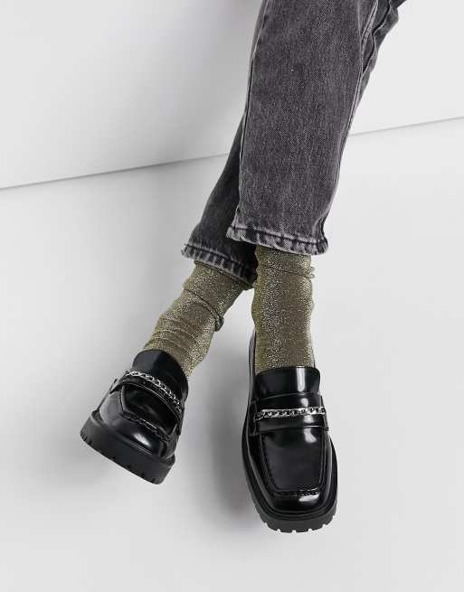 London Rebel - Sorte, firkantede, chunky loafers med kædedetaljer, 4 af 4