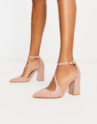 London Rebel - Spitze Schuhe in Beige mit Blockabsatz-Neutral