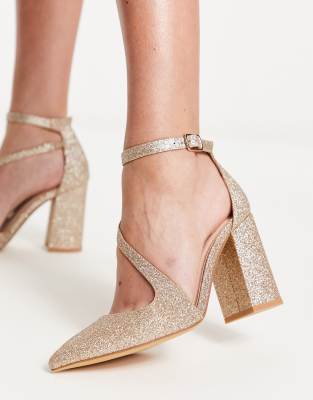 London Rebel – Spitze Schuhe in Gold mit Blockabsatz
