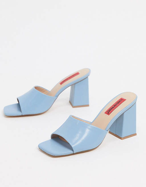 London Rebel square toe heeled mules in pastel blue