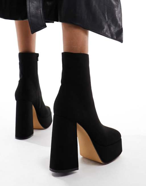 London Rebel square toe mega platform ankle boots in black pu