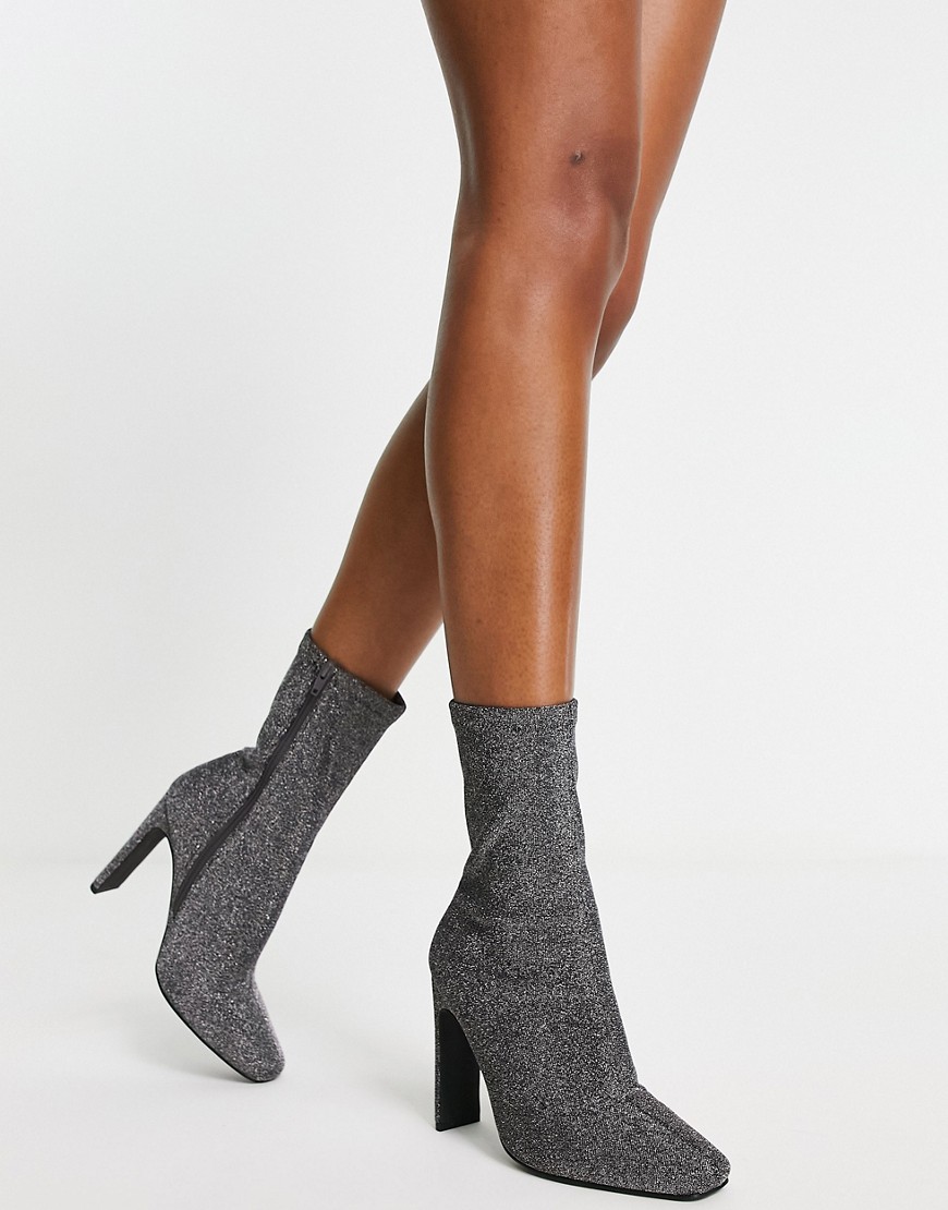 London Rebel square toe stiletto sock boots in pewter glitter-Silver