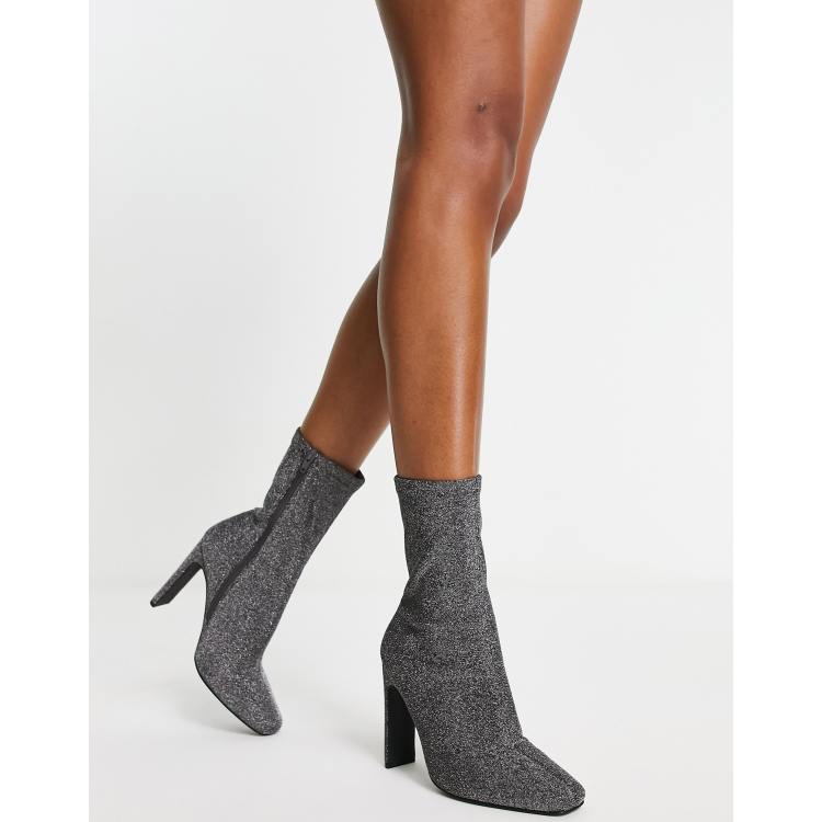 Barnlig klodset volatilitet London Rebel square toe stiletto sock boots in pewter glitter | ASOS