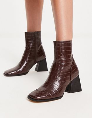 London Rebel square toe triangle heel boots in brown croc