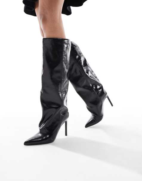 London Rebel Stella slouchy kitten heel knee boots in black - view 1