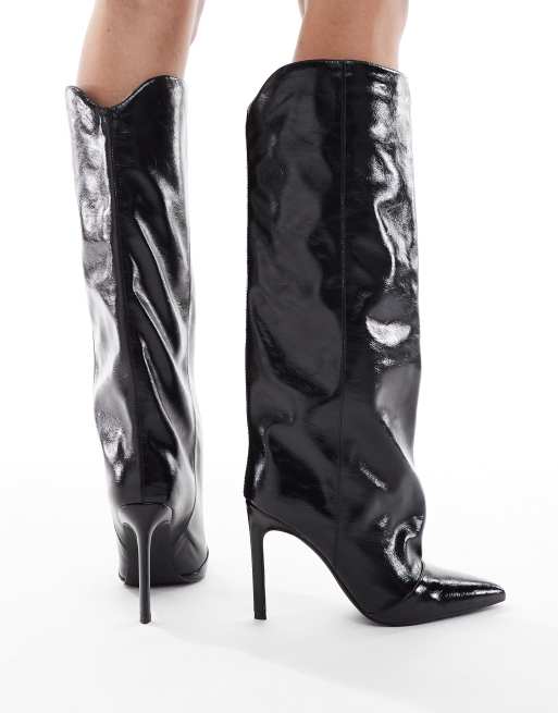 London Rebel Stella slouchy kitten heel knee boots in black, 3 of 4