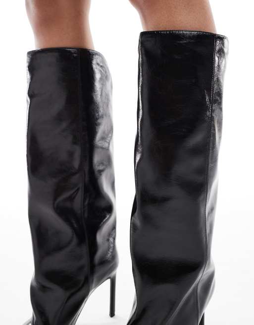 London Rebel Stella slouchy kitten heel knee boots in black