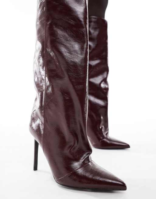 London Rebel Stella slouchy kitten heel knee boots in dark cherry