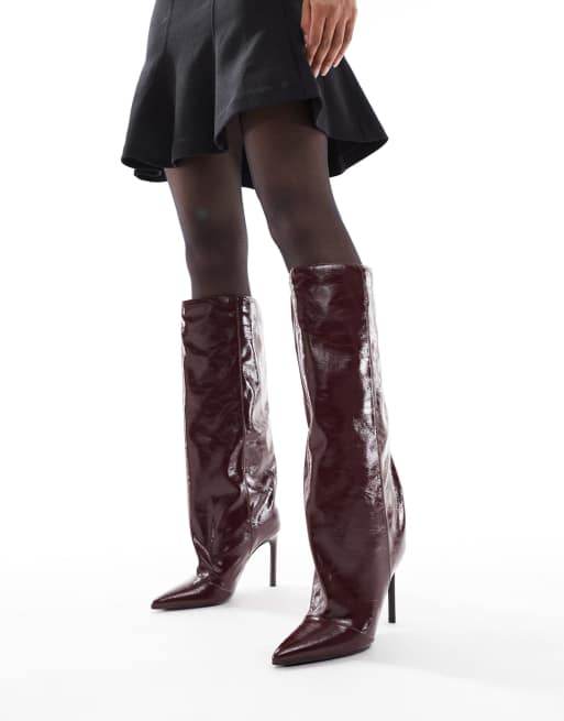 London Rebel Stella slouchy kitten heel knee boots in dark cherry