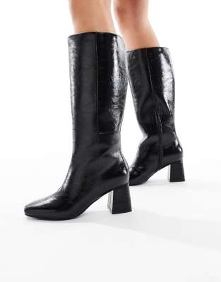 London Rebel - Stiefel in Schwarz mit Blockabsatz, weite Passform