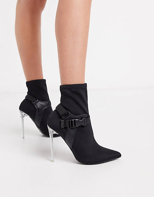 London Rebel stiletto harness boots in black | ASOS