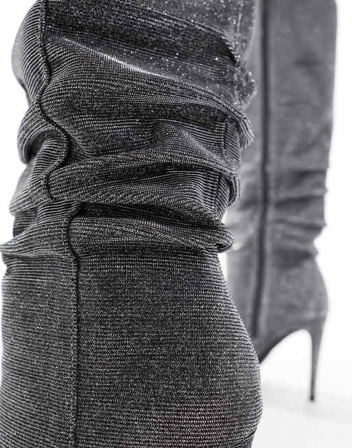 London Rebel stiletto ruched knee boots in silver glitter, 2 of 4