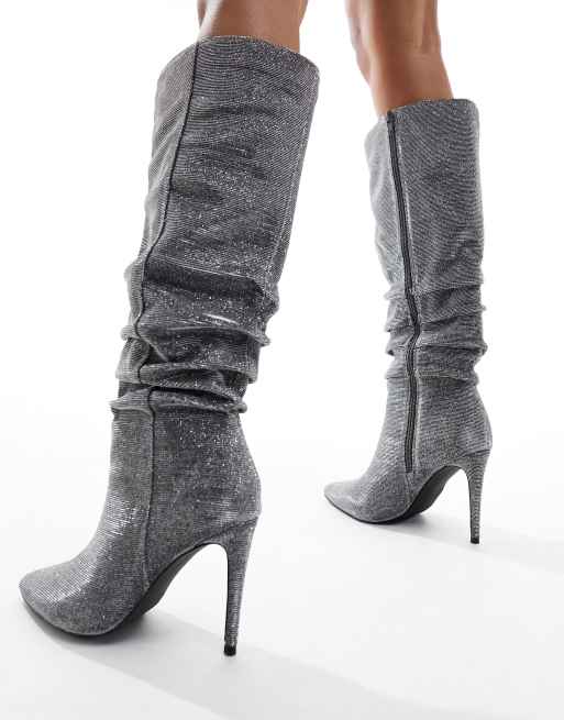 London Rebel stiletto ruched knee boots in silver glitter, 4 of 4